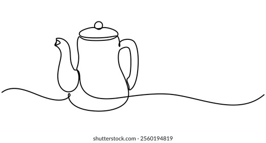 Teapot in continuous line art drawing style. Herbal tea black linear design isolated on white background. Vector illustration, Teapot. Continuous line drawing, Teapot with Steam. Single Line Drawing.