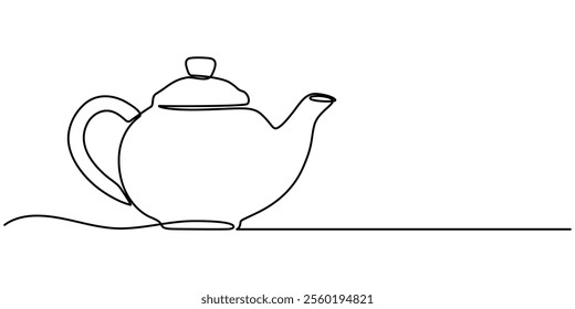 Teapot in continuous line art drawing style. Herbal tea black linear design isolated on white background. Vector illustration, Teapot. Continuous line drawing, Teapot with Steam. Single Line Drawing.