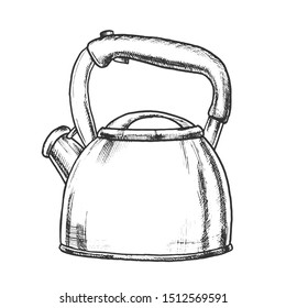 Teapot For Cook Hot Drink Kitchenware Ink Vector. Kitchen Accessory Teapot For Boiling Water And Cooking Tea Or Coffee. Kettle Engraving Template Designed In Vintage Style Black And White Illustration