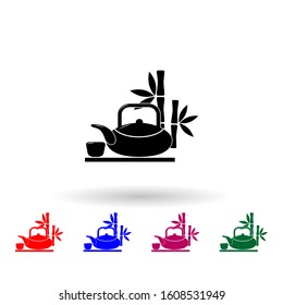 Teapot with cup and bamboo multi color icon. Simple glyph, flat vector of spa icons for ui and ux, website or mobile application