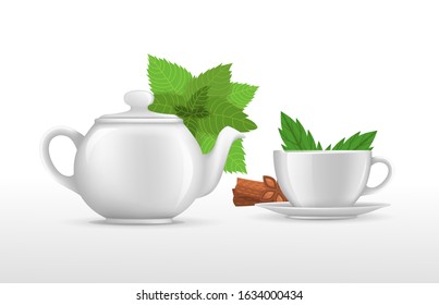 Teapot and cup blank white mugs with mint leaves and cinnamon mockup. Empty beverage ceramic crockery realistic isolated vector illustration. Realistic teacup for kitchen utensils, kitchenware.