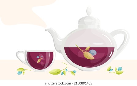 A teapot and a cup of blueberry tea. Tea with wild berries. A healthy drink, with blueberry sprigs.Vector illustration.