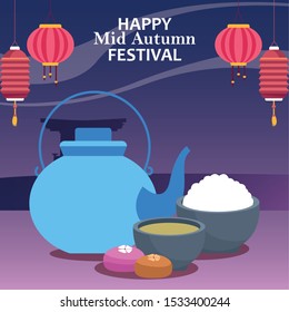 teapot with cup and bowl with rice over purple background. happy mid autumn festival colorful design, vector illustration