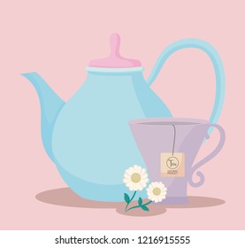 teapot with cup of chamomile isolated icon