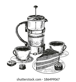 Teapot, cup and chocolate cake. Hand drawn illustration