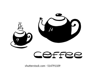The teapot and cup coffee hot drink hand drawn graphics sketch