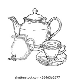 A teapot and cup of coffee, jug of milk and a spoon, a black and white ink sketch. Vector illustration. Tea composition, with tea tree leaves, a sandwich and a mug on a saucer, isolated on background