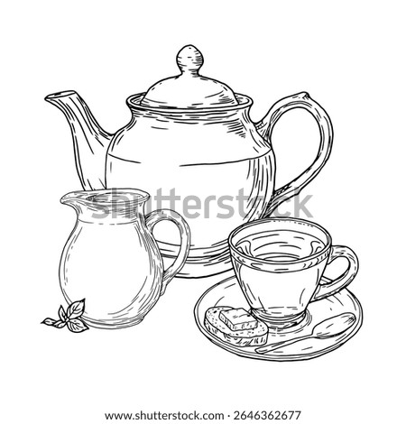 A teapot and cup of coffee, jug of milk and a spoon, a black and white ink sketch. Vector illustration. Tea composition, with tea tree leaves, a sandwich and a mug on a saucer, isolated on background