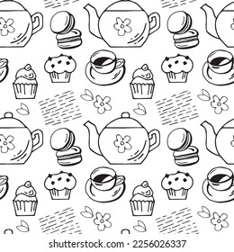 Teapot, Cup of coffee, Muffin with chocolate chips, Two fresh stuffed macaroons, Cupcake, leaves, flowers,  linear sketch black and white isolated on white background seamless pattern