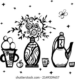A teapot and a cup of coffee under a vase with a bouquet and ice cream are the theme of a summer treat and dessert. Drawing with black lines on a white background, vector author's illustration.