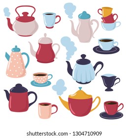 TEAPOT AND CUP COLLECTION. Cartoon water kettle and porcelain cups with tea. Kitchenware vector set - Shutterstock ID 1304710909