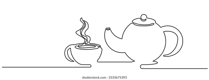 Teapot and cup in continuous line art drawing style. coffee with smoke linear design isolated on white background. Vector illustration.