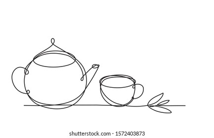 Teapot and cup. Continuous line drawing. Sketch. Tea leaf. Continuous line drawing. Sketch. Herb tea