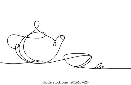 Teapot and cup. Continuous line drawing. Sketch. Tea leaf. Continuous line drawing. Sketch. Herb tea