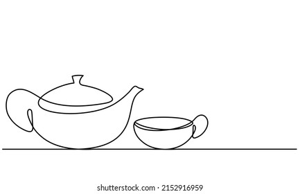 Teapot and cup. Continuous line drawing. Sketch. Continuous line drawing. Sketch. Tea