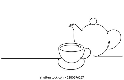 Teapot and cup. Continuous line drawing. Sketch. Tea