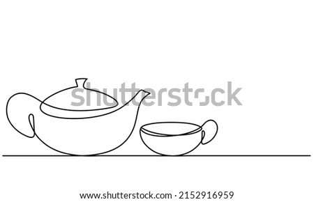 Teapot and cup. Continuous line drawing. Sketch. Continuous line drawing. Sketch. Tea