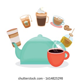 teapot and cup cookies honey frappe cold fresh beverage coffee time vector illustration