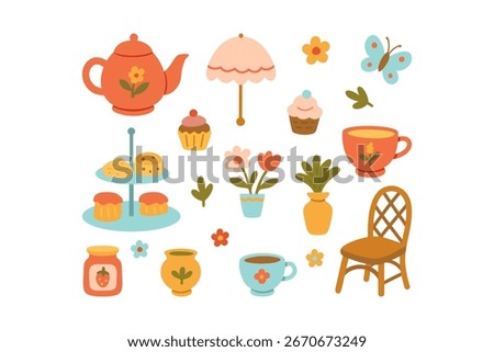 Teapot, Cup, Cupcakes, Scones, Jam jar, Desserts, Chair, Flowers, Umbrella, Pottery flat colorful icons set. Garden tea party supplies cartoon element design collection. Vector illustration.