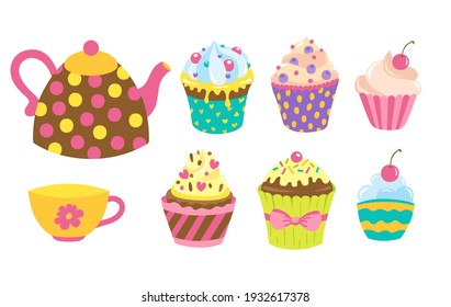 Teapot, cup, delicious cupcakes set isolated on white background. Vector illustration.