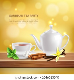 Teapot and cup with delicious hot tea with different herbs ans spices realistic background vector illustration
