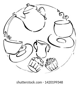 teapot and cup, doodle sketch
