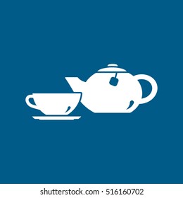 Teapot And Cup Flat Icon On Blue Background