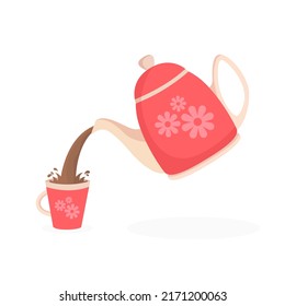 Teapot with cup in flat style isolated on white background. Pouring coffee or tea into a cup from kettle. Vector illustration in cartoon design