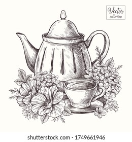 Teapot and cup with flowers. Tea time. Coffee. Vector Hand Drawn. Sketch Botanical Illustration. 