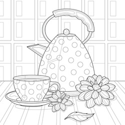 
Teapot, Cup And Flowers.Coloring Book Antistress For Children And Adults. Illustration Isolated On White Background.Zen-tangle Style. Hand Draw