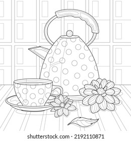 
Tetera, taza y flores. Antirante del libro colorante para niños y adultos. Ilustración aislada sobre fondo blanco. Estilo zenano-margino. Dibujo manual