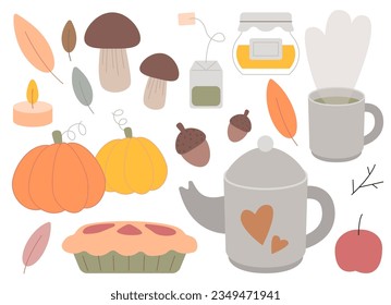 Teapot and cup, forest leaves and mushrooms, pie and pumpkins. Autumn mood clipart. Set of vector illustrations for Thanksgiving holiday cards making, invitations for party, stickers