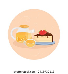 Teapot and cup of a fruit tea with a tasty delicious chocolate cake with strawberry. Sweet birthday bakery and hot beverage. Yummy pie. Isolated vector illustration in cartoon style.