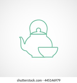 Teapot And Cup Green Line Icon On White Background