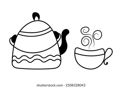 Tetera con taza dibujada a mano en estilo doodle. Ilustración vectorial de la ceremonia del té al estilo de los niños. Vapor de la taza de té. Día Mundial del Té.