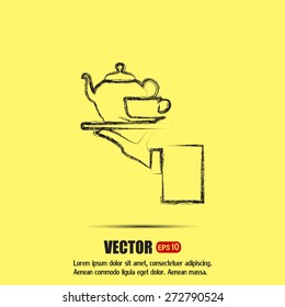 Teapot with cup in hand. Vector illustration