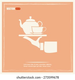 Teapot with cup in hand. Vector illustration