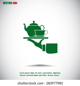 Teapot with cup in hand. Vector illustration