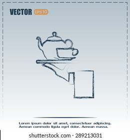 Teapot with cup in hand. Vector illustration