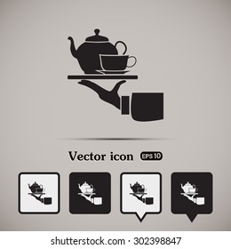 Teapot with cup in hand. Vector illustration