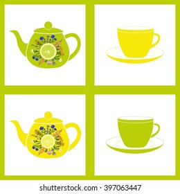 Teapot with cup, herbal tea. Pattern.