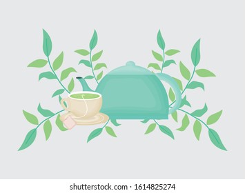 teapot cup herbs hot fresh beverage coffee time vector illustration