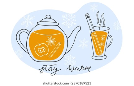 Una tetera y una taza de té de fruta picante. Cálida bebida de temporada. Fondo de vacaciones de invierno. Mantente acogedor. Ilustración de Doodle