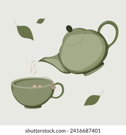 Teapot and a cup of hot tea. Tea ceremony. A poster for the kitchen or dining room.