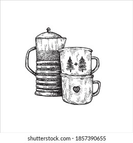 Teapot with a cup of hot tea. Ink drawing hand drawn sketch line art doodle vector illustration.