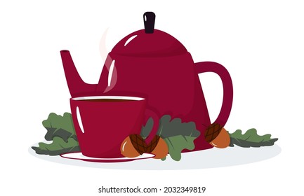 Una tetera y una taza de té caliente sobre el fondo de hojas de roble y bellotas. Otoño.