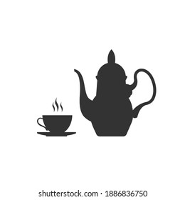 The teapot and cup icon silhouette. 
 Boiling kettle and cup of hot tea isolated on white background. Vector stock