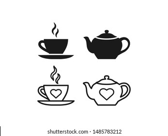 Teapot, cup icon. Vector. Tea-set in simple flat design, outline. Teacup with steam and teapot isolated on white background. Illustration for graphic, web, logo, app, UI. Clay tableware.