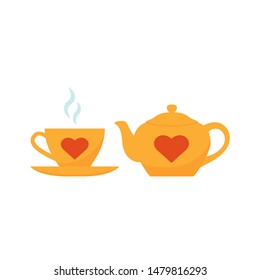 Teapot, cup icon. Vector. Yellow tea-set with red hearts. Teacup with steam and teapot, isolated on white background. Flat design. Cartoon colorful illustration. Clay tableware.