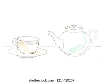Teapot and cup illustration in simple line style isolated on white background